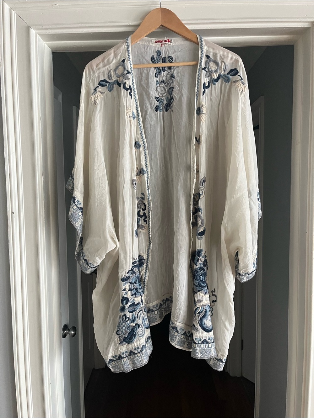 Johnny Was Embroidered Open-Front Kimono Cardigan in White and Blue